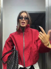 Red Zipper-up Plaid Stand Collar Jacket