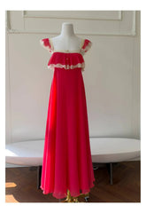 Red Lace Trim Square Neck Ruffle Chiffon Maxi Dress