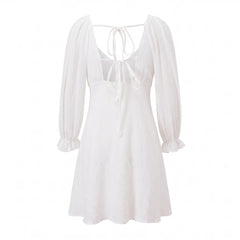 White Deep V-Neck Puff Long Sleeve Mini Dress
