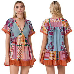 Floral Print Short Sleeve V-Neck Ruffled Hem Loose Mini Dress with Pockets
