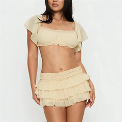 Ruffled Off-the-Shoulder Crop Top and Tiered Mini Skirt Set