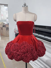 Red Velvet Strapless 3D Rose Short Ball Dress