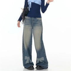 Bow Print Mid Rise Wide Leg Denim Pants