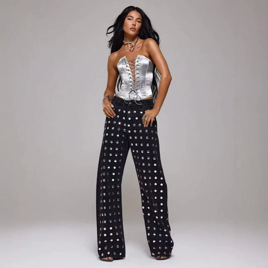 Rivet Decoration Straight High-Waisted Denim Jeans