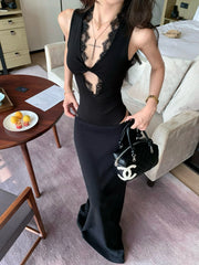 Black Lace Knotted Hollow Out Sleeveless Bodysuit