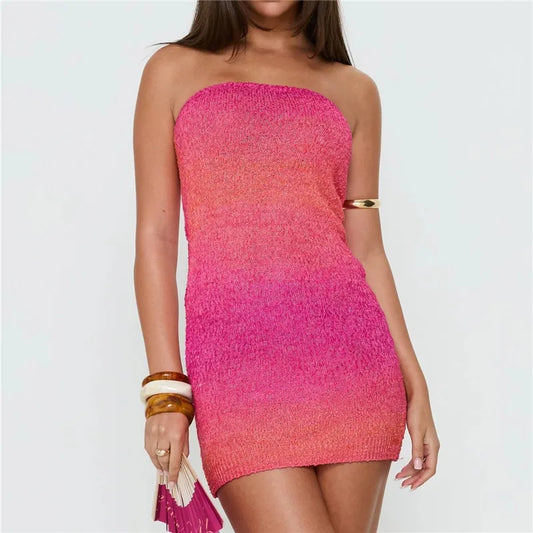 Pink Gradient Knit Strapless Mini Dress