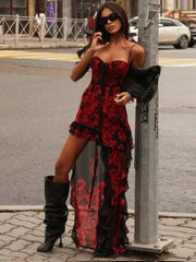Rose Print Ruffles Hem Maxi Dress