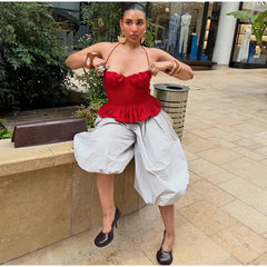 Red Ruffle Hem Cami Peplum Crop Top