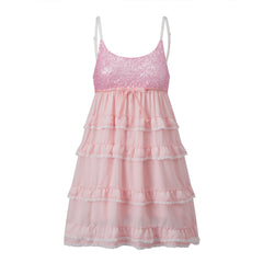 Sequin Bust Spaghetti Strap Tiered Ruffle Babydoll Mini Dress