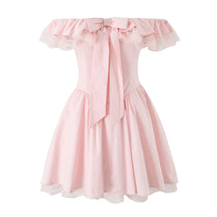 Pink Lace Ruffle Bow Off-shoulder Mini Dress