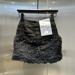 Faux Fur Trim Denim Mini Skirt Free From Label