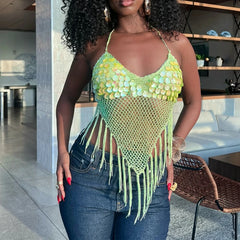 Sequin Knit Fringe Net Tie Up Open Back Top