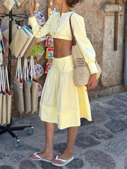 Round Neck Long Sleeve Crop Top And Low Waist Midi A Line Skirt Two Piece Set