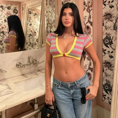 Striped Short Sleeve  Deep V-Neck Crop Top
