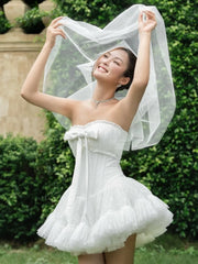 Strapless Bow Ruched Frill Lace Mini Dress