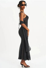 Black Polka Dot Sweetheart Neck Spaghetti Strap Scarf Maxi Dress