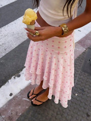 Pink Polka Dot Frill Midi Skirt