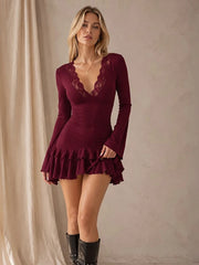 Lace Trim V-neck Ruffle Long Sleeve Mini Dress