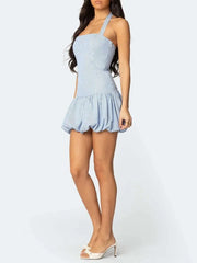 Stripe Halter Smocked Puff Hem Mini Dress