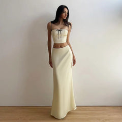 Open Back Satin Cropped Top and Skirt Matching Sets