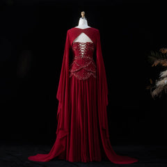Cape Sleeve Chiffon Tiered Petals Sequined Pearl Embellished Gown