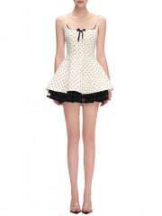 White Polka Dot Square Collar Lace Edge Mini Dress