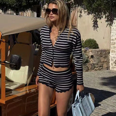 Stripe Knit Cropped Cardigan And Shorts Set