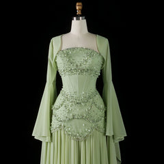Cape Sleeve Chiffon Tiered Petals Sequined Pearl Embellished Gown