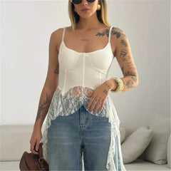 Spaghetti Strap Lace Ruffle Hem Top