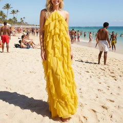 Sleeveless Ruffle Tie-up Halter Neck Long Dress