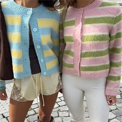 Fuzzy Mohair Striped Round Neck Button Crop Cardigan