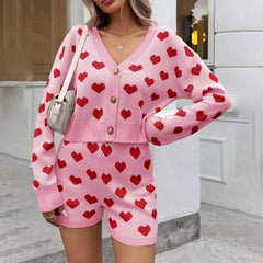 Love Heart Pattern Button Up Crop Knit Cardigans and High Waist Shorts