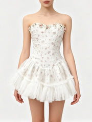 Strapless Mesh Patchwork 3D Flower Mini Dress