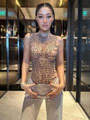 Mesh Letter Printed  O-Neck Tank Top With Gloves