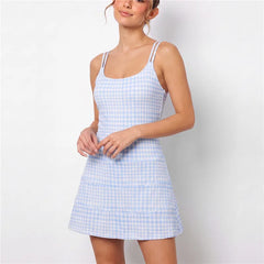 Blue Gingham Spaghetti Strap Criss Cross Back Mini Dress