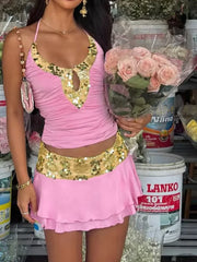 Pink Sequin Halter Tank Top And Tiered Mini Skirt Set