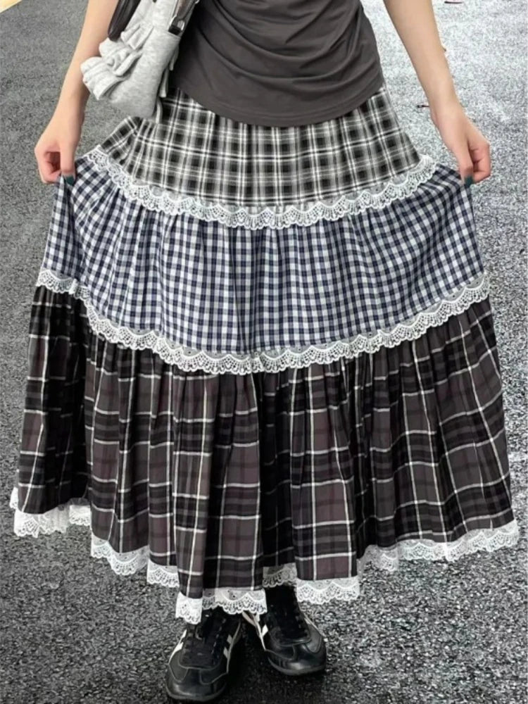 Women's patchwork lace plaid high waist long skirt with A-line silhouette.

