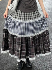 Women's patchwork lace plaid high waist long skirt with A-line silhouette.

