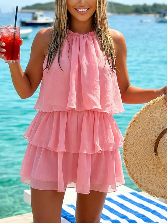 Ruffled Layred Halter Sleeveless Mini Dress