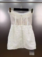 White Sequin Strapless Feather Lace Mini Dress