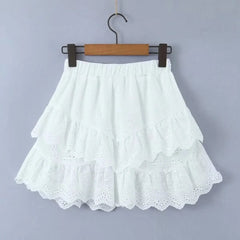 White Spliced Ruffles Embroidery Elastic Waist Asymmetry Skirt