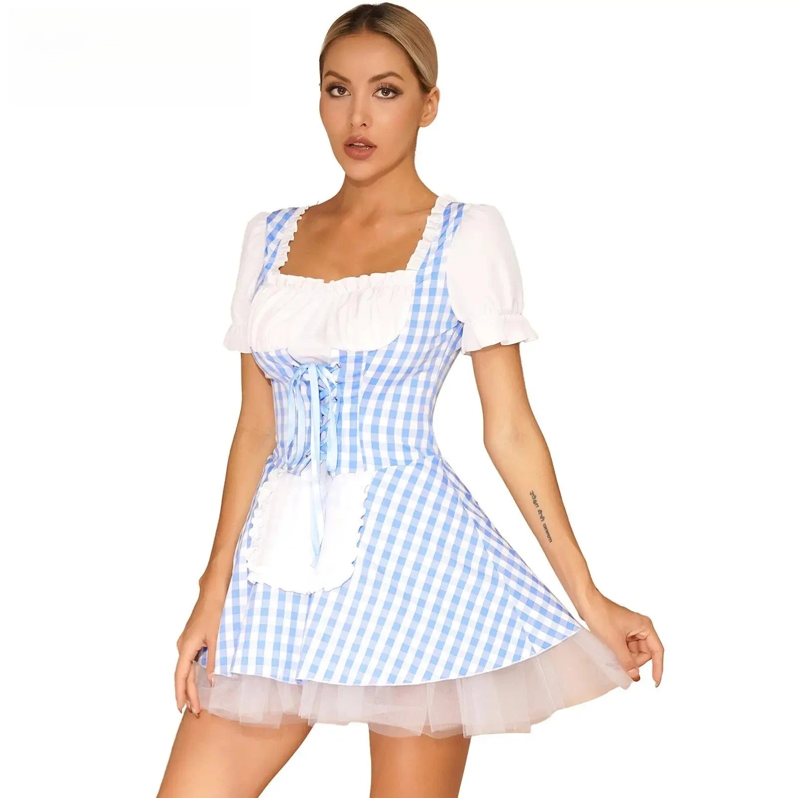“Blue gingham plaid cosplay dress with puff sleeves and tulle skirt”