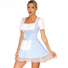 “Blue gingham plaid cosplay dress with puff sleeves and tulle skirt”