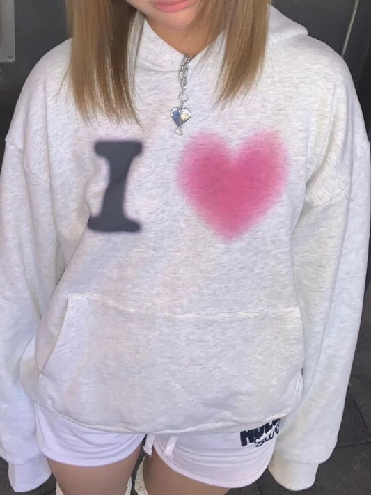 Grey Heart-Shaped Letter Print Hoodie