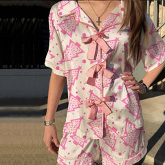 Christmas Santa Claus Print Pink Bow Shirt and Pants Pyjama Set