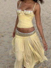 Yellow Diamonds Lace-up Top And Irregular Hem Midi Skirt Set