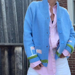 Blue Golf Car/Heart Print Long Sleeve Lapel Button-down Knitwear Cardigan with Pockets