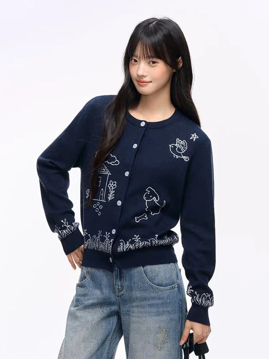 Blue Cartoon Embroidery Cardigan