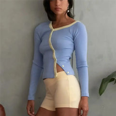Off Shoulder Contrast Colour Button Long Sleeve Cardigan