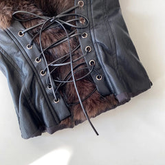 Faux Fur Leather Lace Up Strapless Smocked Crop Top